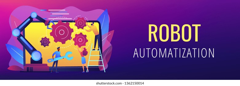 Humans and cobot robotic arm collaborate at laptop fixing gears. Collaborative robotics, cobot automatization, safe industry solutions concept. Header or footer banner template with copy space.