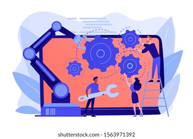 Humans and cobot robotic arm collaborate at laptop fixing gears. Collaborative robotics, cobot automatization, safe industry solutions concept. Pinkish coral bluevector isolated illustration