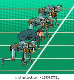 Humans compete with robots. Technical revolution. Pop art retro illustration kitsch vintage 50s 60s style