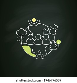 Humans and ecosystem chalk icon.People impact ecosystem. Protection flora,fauna. Saving animals,plants. Prevention of global warming. Isolated vector illustration on chalkboard