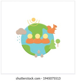 Humans and ecosystem flat icon.People impact ecosystem. Protection flora,fauna. Saving animals,plants. Prevention of global warming. Earth protect concept. 3d vector illustration