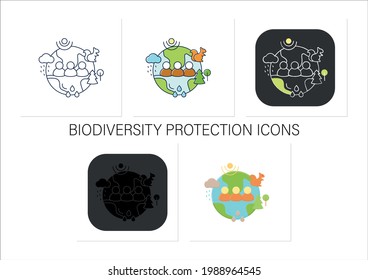 Humans and ecosystem icons set.People impact ecosystem.Protection flora,fauna.Saving animals,plants.Collection of icons in linear, filled, color styles.Isolated vector illustrations 