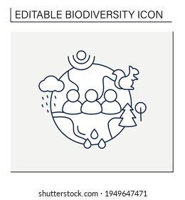 Humans and ecosystem line icon.People impact ecosystem. Protection flora,fauna. Saving animals,plants. Prevention of global warming. Earth protect concept. Isolated vector illustration.Editable stroke