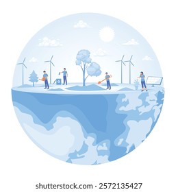 Humans in environmental conservation activities. Wind turbines and solar panels promote renewable energy. Save energy for environment conservation concept. Flat vector illustration.