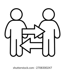 Humanos e intercambio de flechas icono de línea delgada, concepto de personas. Gráficos de Vector. Señal de los hombres en el fondo blanco, icono del estilo del contorno para el móvil o el Diseño web