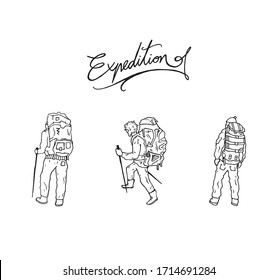 Humans exploring mountains and other nature beauty, hand drawn outline illustration. People hiking with a backpack on the back, walking trough the forest, pen drawing set decoration with text letters.