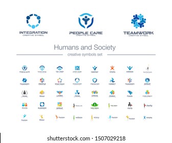 Humans group, Society creative symbols set. People protect, teamwork, collaboration abstract business logo concept. Family, friend, leader icons. Corporate identity logotypes, company graphic design