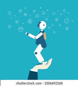 Human's hand holding friendly looking robot.  RPA, Robotic Process Automatisation concept.
