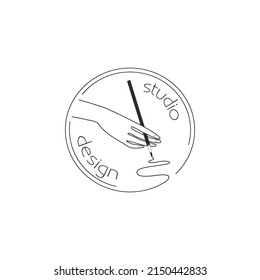A human's hand is holding  a pencil. Vector emblem for design studio. Line style logo.  Print, graphic style.