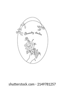 A human's hand is holding  rose. Vector emblem. Line style logo design for beauty studio, cosmetics. Print, graphic style.