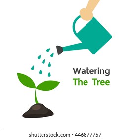 Human's hand holding shower to watering the little plant for growth of big tree in the future. Nature green concept. Flat design vector illustration.