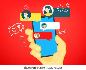 Humans hand with modern smartphone. Chat concept. Flat illustration with doodle elements