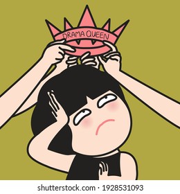 Human's Hands Putting The Crown With Words Drama Queen On The Head Of The Girl Concept Card Character illustration