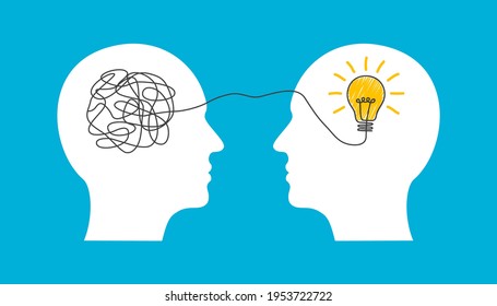 Humans head silhouette psycho therapy concept, light bulb idea and scribbles, brainstorming, therapist and patient, brain with tangled knot and order in man head, mental problem solving
