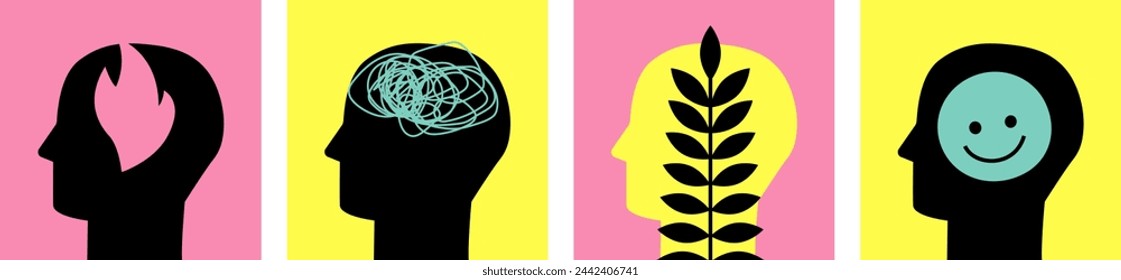 Humans head silhouette psycho therapy concept. Abstract minimal design about mental health. Psychology vector illustration. Emotional stress and wellbeing funny colored stickers