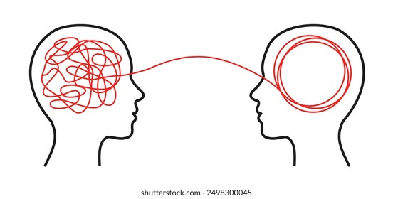 Menschen Kopf Silhouette Psycho-Therapie Konzept, gleiche Ringe und Scribbles, Brainstorming, Therapeut und Patient, Gehirn mit verwickelten Knoten und Ordnung im Kopf des Menschen, psychische Problemlösung