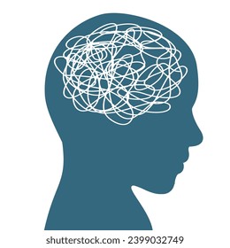 Humans head silhouette psychotherapy concept, scribbles, brainstorming, psychological trauma, brain with tangled knot in man head, mood disorder or mental health problem, mental problem solving