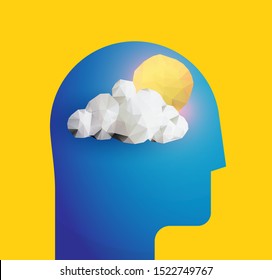 Humans head silhouette with sun and cloud. Good mood. Chill. Good day. Peaceful mind. Psychology themed Vector illustration.