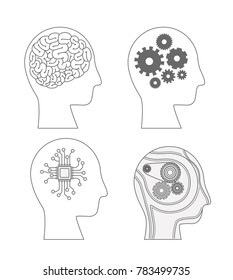 humans heads side view with hybrid brains in monochrome silhouette