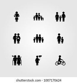 Humans icon set vector. child riding bike, child, woman and couple in love