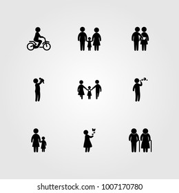 Humans icon set vector. child riding bike, father, mom and baby