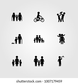 Humans icon set vector. child playing, big family, grandmother and two childs playing