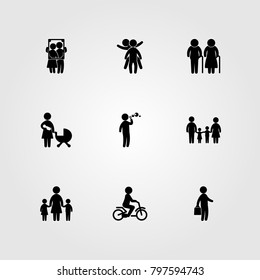 Humans icon set vector. child riding bike, love, mother and business
