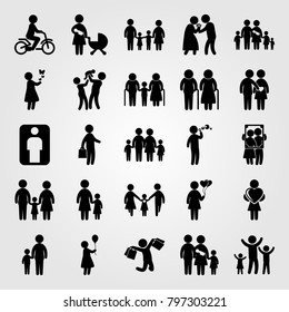 Humans icon set vector. couple in love, dad, business and woman with ballon