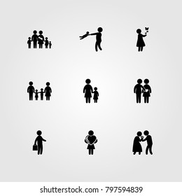 Humans icon set vector. couple in love, woman with heart, love and businessman