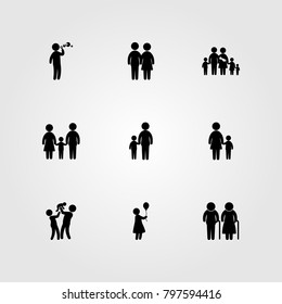 Humans icon set vector. dad, child playing, mother and couple