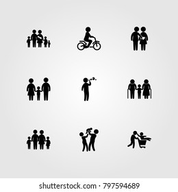 Humans icon set vector. dad, love, mother and child riding bike