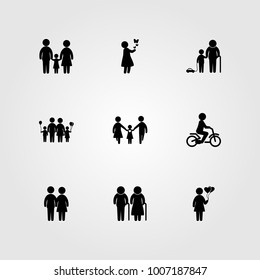 Humans icon set vector. elderly, child riding bike, love and boy