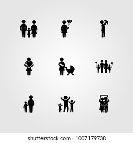Humans icon set vector. father with baby, woman with heart, father and mom