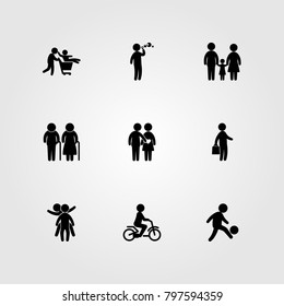 Humans icon set vector. father, child playing, football player and mother