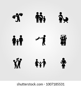 Humans icon set vector. girl, woman with heart, father and frame