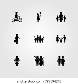 Humans icon set vector. girl, woman, businessman and woman with ballon