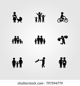 Humans icon set vector. girl, child, mother with baby and child riding bike