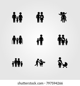 Humans icon set vector. grandfather, two childs playing, dad and mother with baby