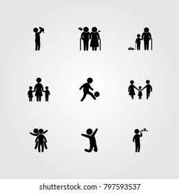 Humans icon set vector. jumping man, family, man and child playing