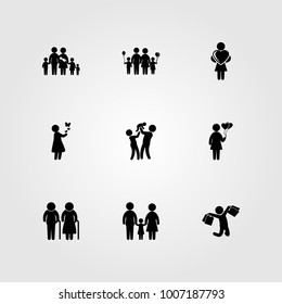 Humans icon set vector. man with bags, family, father and woman with balloons