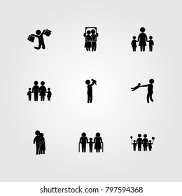 Humans icon set vector. man with bags, father with baby, children and girl