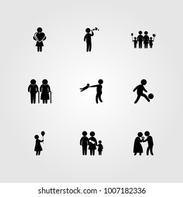 Humans icon set vector. mom, man giving flowers, child and man