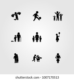 Humans icon set vector. mother with two chields, football player, son and mother