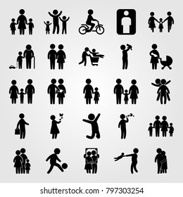 Humans icon set vector. mother, jumping man, two childs playing and business