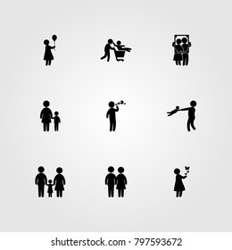 Humans icon set vector. mother, couple, girl with butterflies and girl