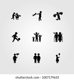 Humans icon set vector. old man, man with bags, son and man