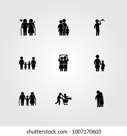 Humans icon set vector. people hugging, old woman, child playing and dad