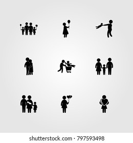 Humans icon set vector. son, woman, woman with balloons and father