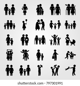 Humans icon set vector. two childs playing, mother with son, portrait and child