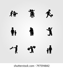 Humans icon set vector. two childs playing, son, father and mother and son